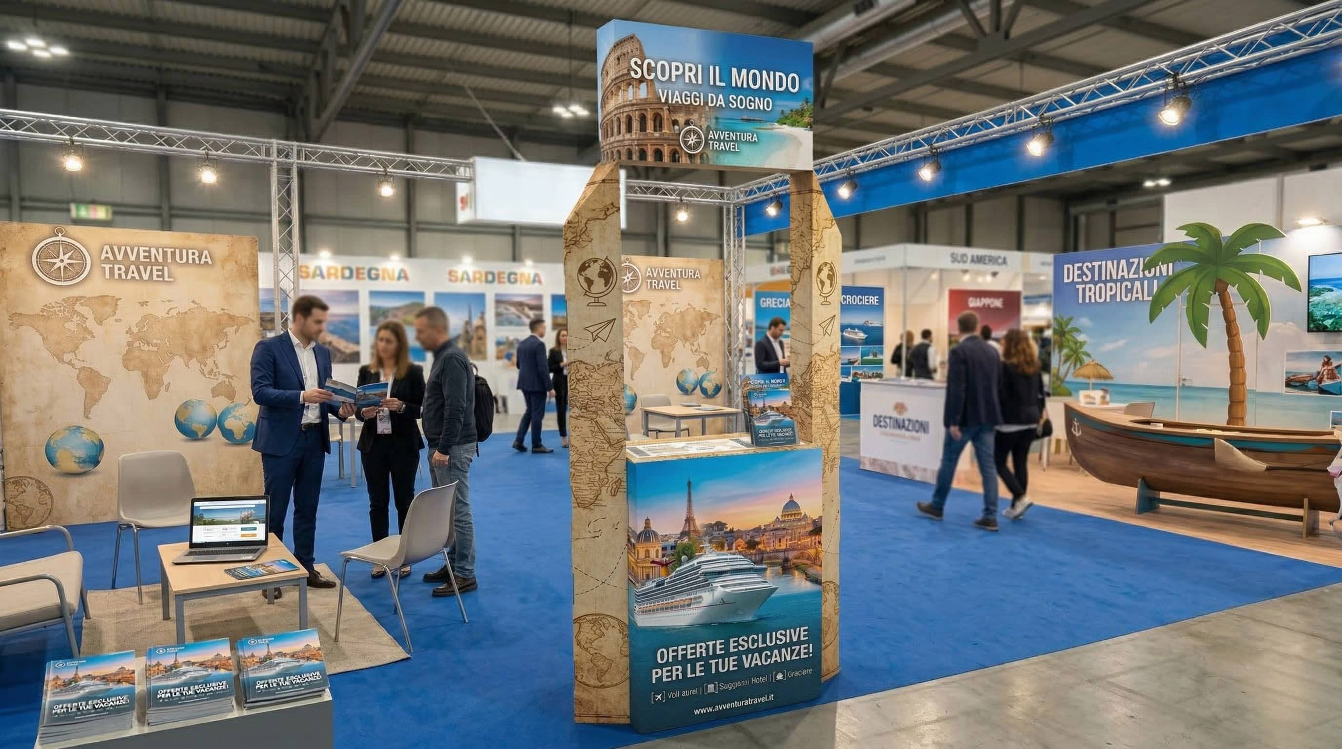 Desk promozionale in cartone con colonne e cartello – Maxi Visibilità